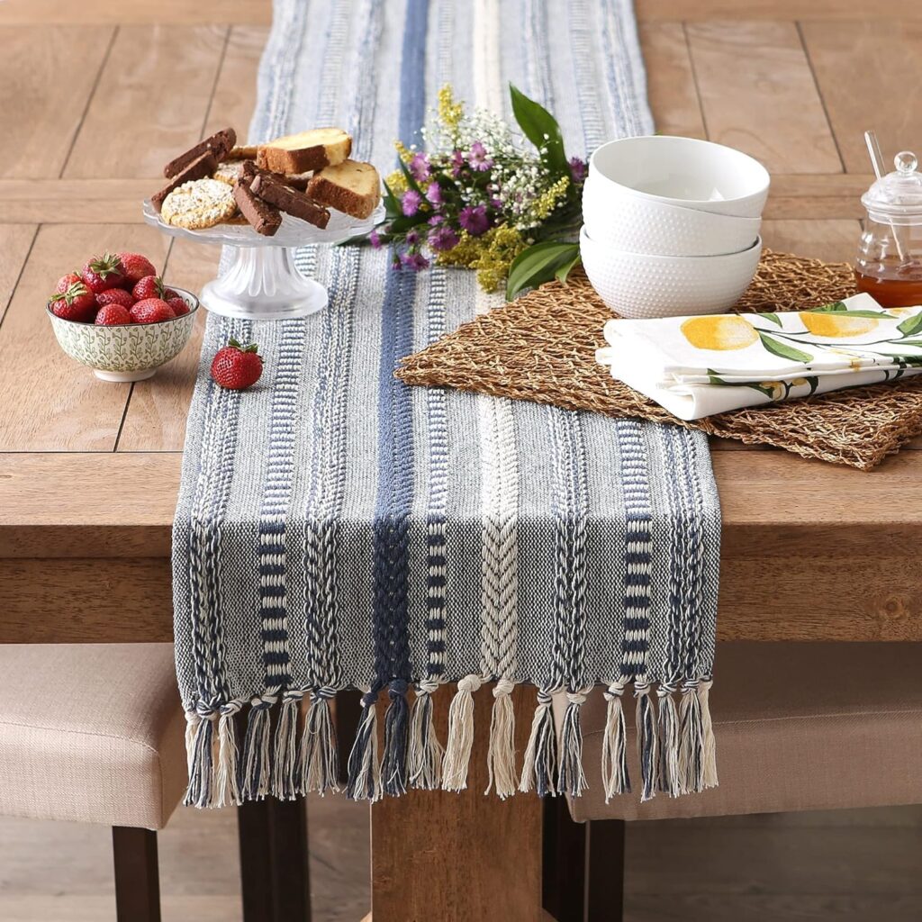 Blue Striped Mixed Tassel Runner